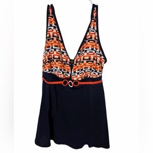 Inches Off Swimwear Geometric Print Belted Swim Dress Navy Orange Retro 16 W